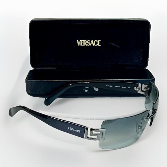 Versace MOD 2017 1001/8G Rectangle Rimless Unisex Black Sunglasses w/ Case - Picture 1 of 16